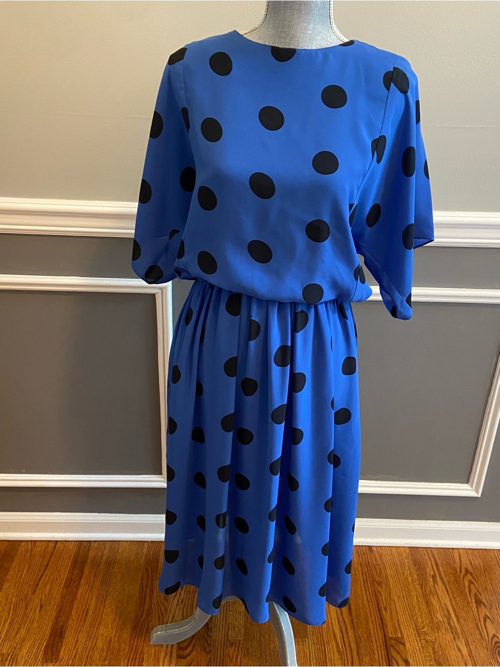 Vintage Polka Dot Dress Women’s Size Medium Blue/Black Sheer Chiffon